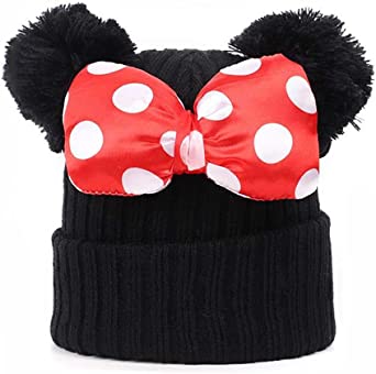 Toddler Girls Winter Beanie Hats with Pom Poms Warm Knit Baby Cap with Cute Mouse Ears Bowknot