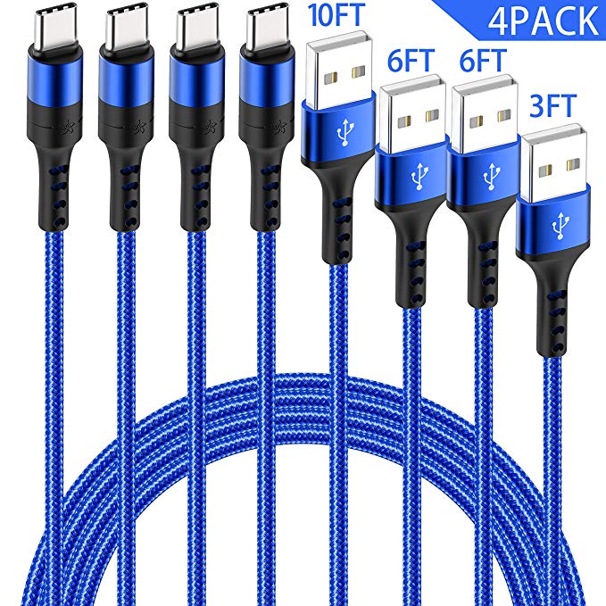 HaoKande 4Pack(10ft 6ft 6ft 3ft) USB Type C Nylon Braided Long Cable Fast Charger Compatible for Samsung Galaxy S10 9 8 Plus Note 9 8,LG G7 6 5 V20 30,Nintendo Switch,GoPro Hero7 (Dark Blue)