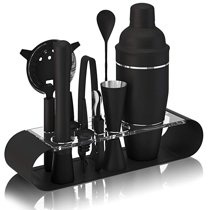 The Complete Bartender Kit | 11 Piece Cocktail Shaker Set with Stand | Great To Make Martini, Margarita, Mojito or Any Other Alcohol or Liquor Drink | Impressive Set For Special Gift! Matte Black)