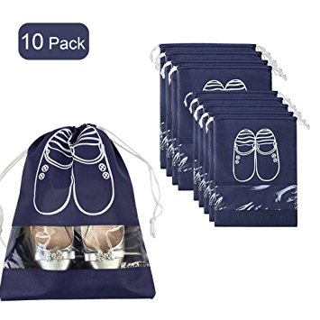 10x Portable Dust-proof Breathable Travel Shoe Organizer Bags Transparent Window for Boots, High Heel Drawstring, Space Saving Storage Bags, Navy Blue