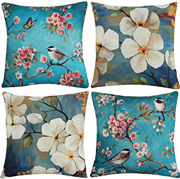 TongXi Decorative Cushion Covers Sofa Pillowcase with Flowers Bird Butterfly Printing 18x18 Inches Pack of 4