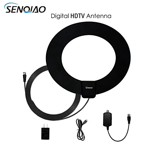 TV Antenna,SENQIAO Indoor Amplifier Digital HDTV Antenna-50 Miles Range with Detachable Amplifier Signal Booster,External Amplifier USB Power Supply,and 16.5ft Coax Cable (Black)