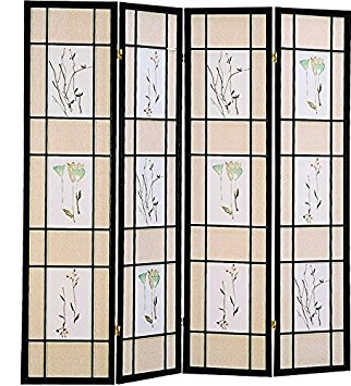 Coaster Oriental Floral Accented 4-Panel Room Screen Divider, Black Wood Framed