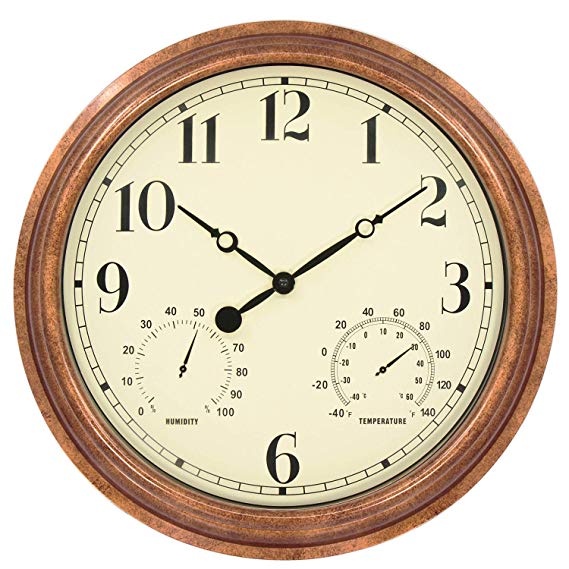 45Min 16 Inches Indoor/Outdoor Retro Wall Clock with Thermometer and Hygrometer, Silent Non Ticking Round Wall Clock Home Decor with Arabic Numerals