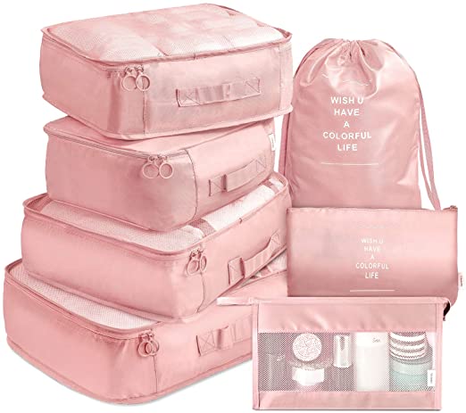 Packing Cubes VAGREEZ 7 Pcs Travel Luggage Packing Organizers Set with Toiletry Bag (Pink)