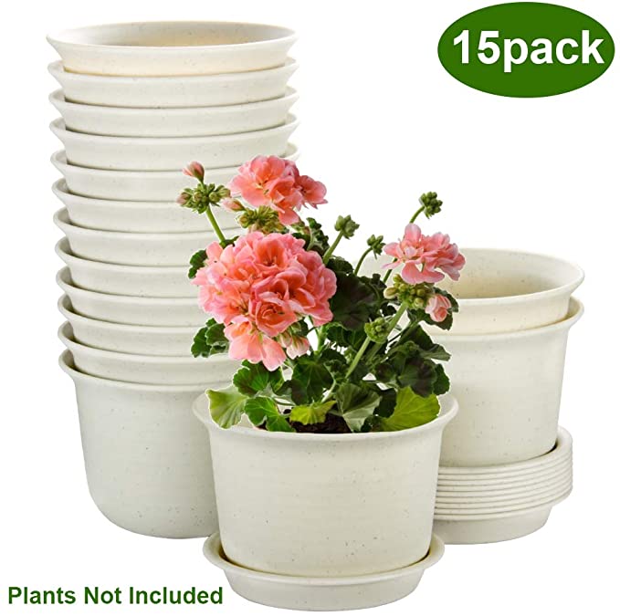 Plant Pots Indoor, ZOUTOG 6 inch Plastic Planters with Drainage Hole and Tray, Pack of 15 - Plants Not Included, Beige