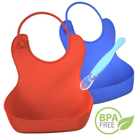 Silicone Baby Bibs (2 Pack) - A Perfect Gift, Soft, Non Absorbent, Waterproof and Easy to Wash in Red and Blue For Boys & Girls Bonus Silicone Spoon and Recipes.