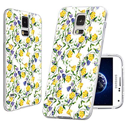 S5 Case,Samsung S5 Case,Galaxy S5 Case,ChiChiC full Protective Case slim durable Soft TPU Cases Cover for Samsung Galaxy S5 I9600,yellow purple flower on white background