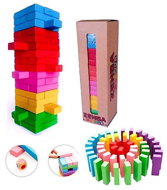 METRO TOY'S & GIFT 54 Pcs 1 Dice Challenging Color Wooden Blocks Tumbling Stacking Zenga Game for Adults and Kids