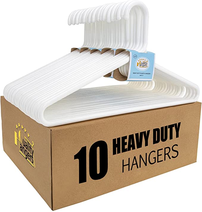 Quality White Hangers 10-Pack - Super Heavy Duty Plastic Clothes Hanger Multipack - Thick Strong Standard Closet Clothing Hangers with Hook for Scarves and Belts-17 Coat Hangers (White, 10)