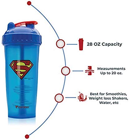 Performa Justice League & DC Comic - Leak Free Protein Shaker Bottle with Actionrod Mixing Technology for All Your Protein Needs! Shatter Resistant & Dishwasher Safe (28oz)