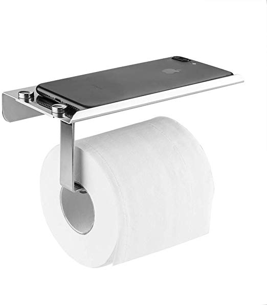 devesanter Toilet Roll Paper Holder Wall Mounted Self Adhesive Bathroom Tissue Dispenser Stainless Steel Toilet Paper Roll Storage with Mobile Phone Holder Stand