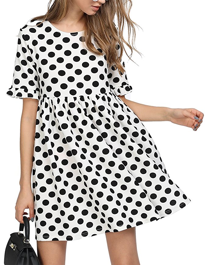 Romwe Women's Comfy Swing Tunic Short Sleeve Smock Polka Dot Loose Dress