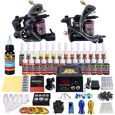 Solong Tattoo® Complete Tattoo Kit 2 Pro Machine Guns 28 Inks Power Supply Foot Pedal Needles Grips Tips TK224