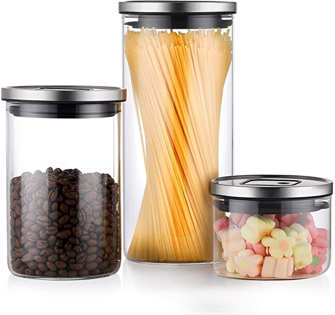 Canister Set Glass Food Storage Containers, 3-Piece Glass Kitchen Canisters Food Jars with Unique Seal & Exhaust Stainless Steel Lids, Large Spaghetti Jars, Pantry Organization & Storage Glass Jars