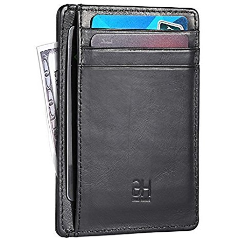 Slim RFID Blocking Card Holder Minimalist Wallet Genuine Leather Front Pocket Wallets Thin ID Card Case with ID Window for Men & Women