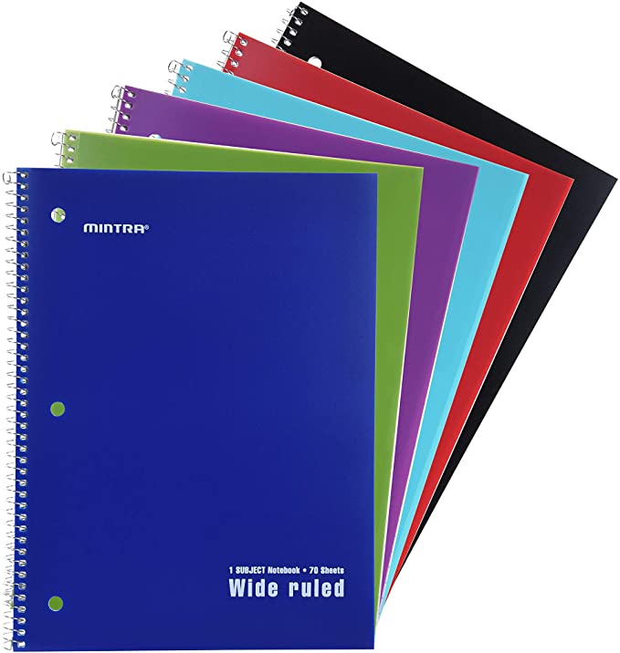 Mintra Office Spiral Notebooks - Poly Cover, Wide Ruled, 6 Pack For School, Office, Business, Professional 70 Sheets