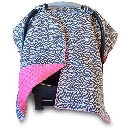 2 in 1 Carseat Canopy Cover and Nursing Cover- Large Herringbone Print with Hot Pink Minky | Best Infant Car Seat Canopy for Girls | All Weather Car Seat Cover | Baby Shower Gift for Breastfeeding Mom