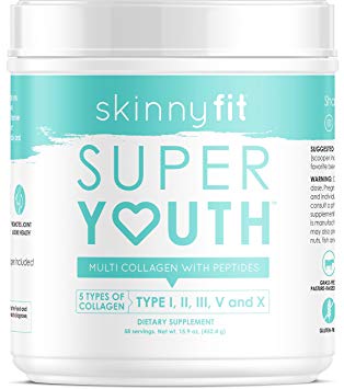 SkinnyFit Super Youth: 5 Types of Collagen Peptides, Hydrolyzed Powder Supplement for Joint & Bone Support, Glowing Skin, Strong Hair & Nails (58 Servings), Pasture Raised, Grass Fed, Cage Free