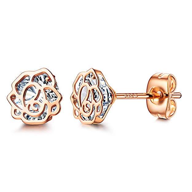 Rose Flower Stud Earrings 18K Gold Plated Cubic Zirconia Earrings Sterling Silver Post Studs Hypoallergenic Stud Earrings for Women,Girl