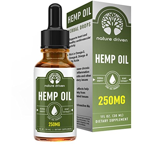 Hemp Oil Extract :: for Pain Relief and Anti-Anxiety Support :: All-Natural Ingredients :: Promotes Relaxation & General Good Health :: 250MG Per Serving :: 1 FL OZ per Bottle :: Nature Driven