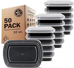 Freshware Meal Prep Containers [50 Pack] 1 Compartment with Lids, Food Storage Containers, Bento Box, BPA Free, Stackable, Microwave/Dishwasher/Freezer Safe (32 oz)