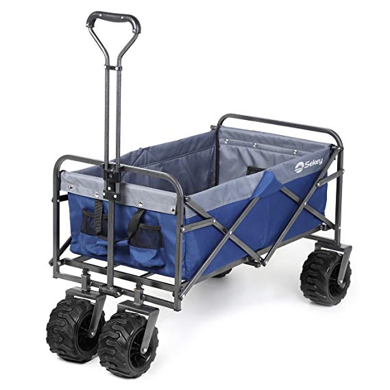 Sekey Folding Wagon Cart Collapsible Outdoor Utility Wagon Garden Shopping Cart Beach Wagon with All-Terrain Wheels, 265 Pound Capacity, Blue with Gray
