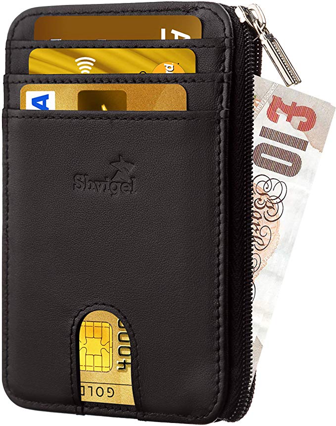 Shvigel Credit Card Holder Men's Wallet - RFID Blocking - Genuine Leather - Slim Wallet for Men and Women - with ID Window and Gift Box - Zipper Money