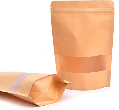 50 Pcs Self Sealing Paper Bags Waterproof Transparent Window Brown Stand Up Zipper Pouches Can Reusable for Food Tea Coffee Beans Nuts Seeds Dried Fruits (3.5"x5.5")