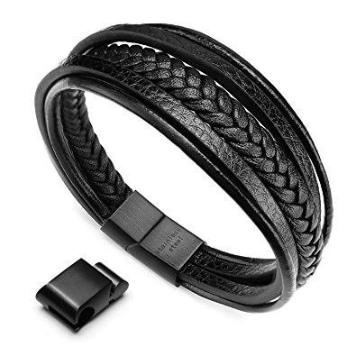 Murtoo Mens Genuine Cowhide Leather Braided Bracelet Magnetic-Clasp Multi-layer Wrap Bracelet, 8.85 inch
