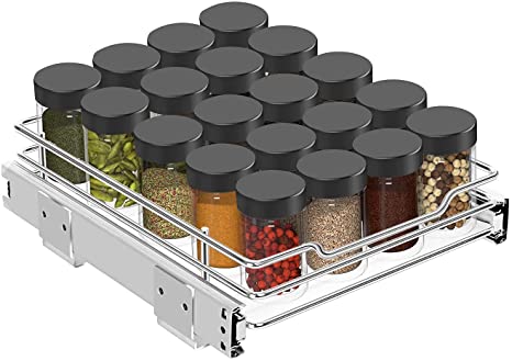 G-TING Pull Out Spice Rack Organizer for Cabinet, Slide Out Kitchen Cabinets and Pantry Closet Storage Shelf 9.5” W 10.2”D 2.8”H for Spices, Sauces, Bottle, Shot Glasses, Food and Cans, Chrome