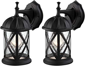 Outdoor Exterior Wall Lantern Light Fixture Sconce Twin Pack, Matte Black with Seeded Glass