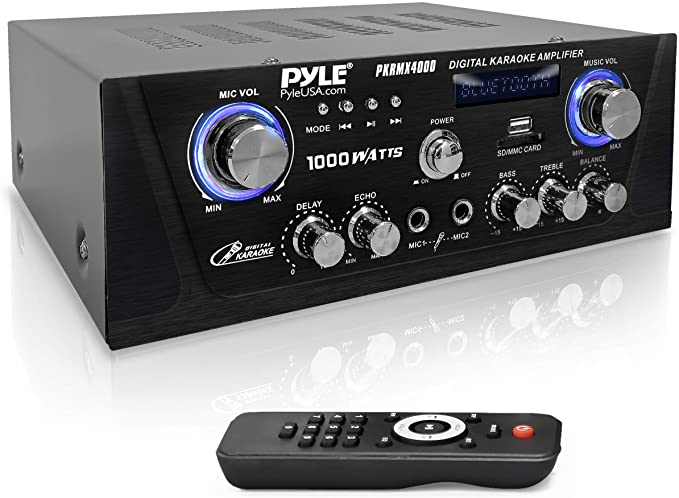 Bluetooth Digital Home Karaoke Amplifier - 600W Home Audio Desktop Power Amplifier Receiver w/LED Display, Cooling Fan, USB/SD Memory Card Reader, Optical/Coaxial, DVD/Mic Inputs - Pyle PKRMX4000