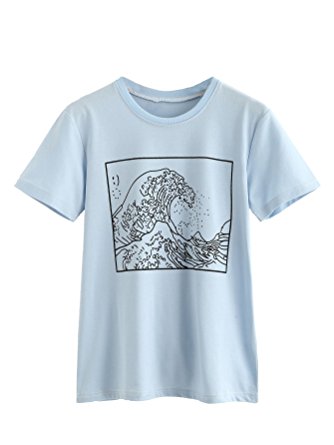 Romwe Women's Short Sleeve Top Casual The Great Wave Off Kanagawa Graphic Print Tee Shirt