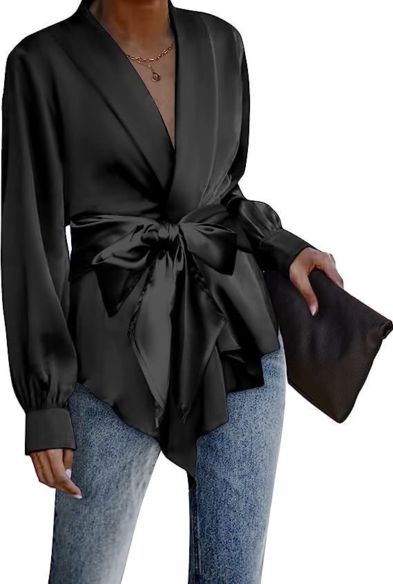 ACEVOG Women's Satin Blouse Wrap Tie Waist or Open Front Shirt Silk Drape Dressy Long Sleeve Top