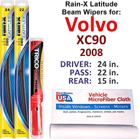 Rain-X Latitude Beam Wipers for 2008 Volvo XC90 Set w/Rear Rain-X Latitude Beam Blades Wipers Set Bundled with MicroFiber Interior Car Cloth