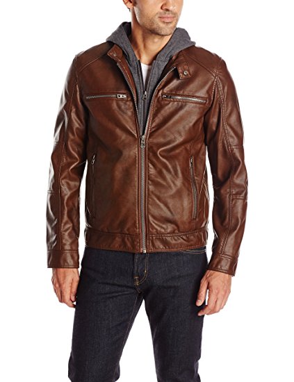 GUESS Men's Faux Leather Hooded Moto Jacket