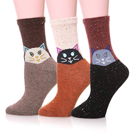 Womens Girls Wool Novelty Socks Cabin Cute Animal Cartoon Funny Casual Soft Cotton Socks 3 Pack