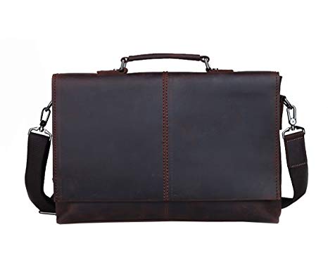 Berchirly 14Inch Vintage Laptop Real Leather Messenger Bag Men's Office Briefcase