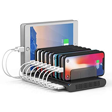 10-Port USB Charging Station, Alxum iPad Charging Station for Multiple Device with Adjustable Dividers, Compatible with iPhone, iPad Air/Mini, Samsung Galaxy, LG stylo, Google Pixel, Kindle, Black