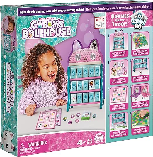 Gabby’s Dollhouse, Games HQ Checkers Tic Tac Toe Memory Match Go Fish Bingo Cards Board Games Toy Gift Netflix Party Supplies, for Kids Ages 4 and up