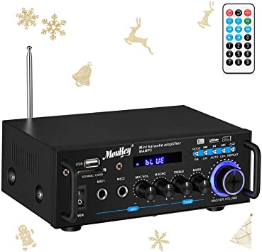 Wireless Audio Amplifier, Moukey Bluetooth Stereo Amplifiers Peak Power 100W Hi-Fi Power Amp 2 Channel Desktop Amp with LED Display Remote Control Radio Receiver for Home Speakers, MAMP3