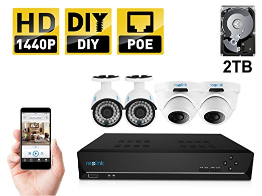 Home Security Camera System , Reolink 8CH 4 Megapixel 1440P Video Security System , 2pcs 1440P Outdoor Bullet&2pcs 4MP Dome IP Camera ,65-100ft Night Vision, 330ft Transmit Range, 2TB HDD (RLK8-410B2D2)
