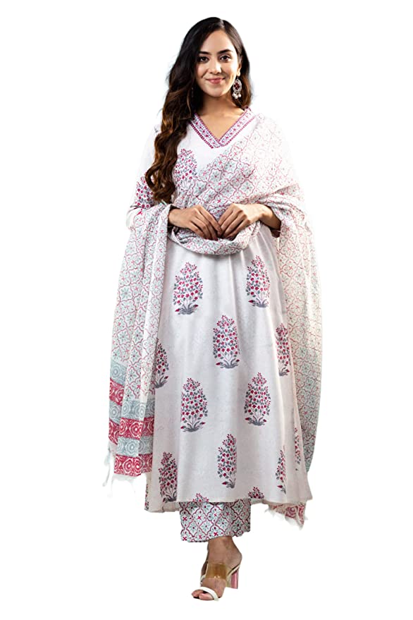 ROYAL EXPORT Women's White Color Floral Printed Viscose Kurta with Palazzo & Dupatta