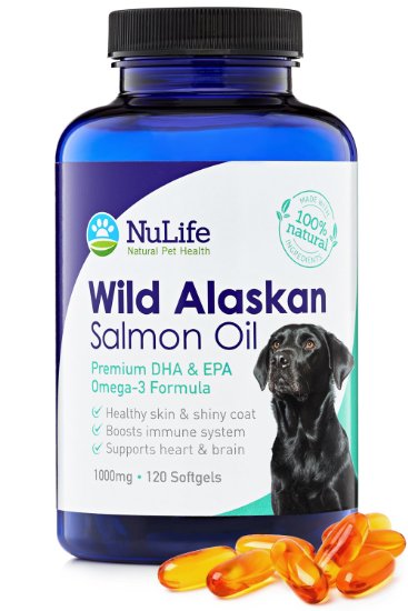 Premium Wild Alaskan Salmon Oil for Dogs - Best Omega 3 Fish Oil Supplements for Dogs - For a Healthy Shiny Coat - Prevents Itchy Skin Skin Allergies and Shedding - 1000mg - 120 Softgel Capsules