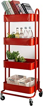walsport 4-Tier Utility Cart Metal Rolling Storage Organizer Trolley Cart with Wheels for Kitchen Bathroom Bedroom, Red