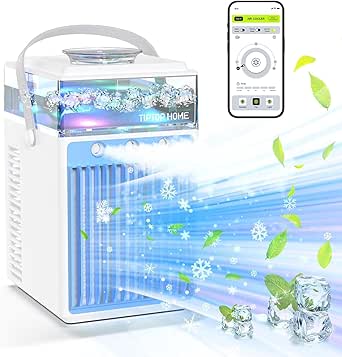 Aire Acondicionado Portátil, 4 en 1 Mini Enfriador de Aire Portátil Ventilador de Enfriamiento de Aire Personal Pequeño USB con 7 Colores LED, 3 Modo niebla y 3 Velocidades para Coche, Oficina, Hogar