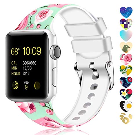 Moretek Colorful Band Compatible for Apple Watch 38mm 42mm 40mm 44mm,Soft Silicone Sport Replacement Strap for iWatch Series 4 3 2 1, Nike , Edition Women Men (Flower 5, 38/40mm)