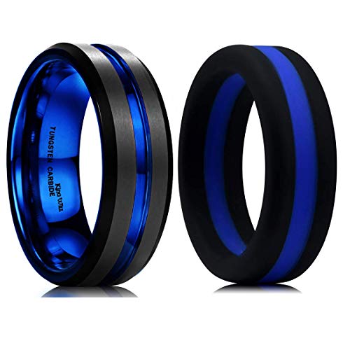 King Will Mens Black Matte Finish Tungsten Carbide Ring/Silicone Ring Set Blue Wedding Band