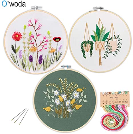 O'woda 3 Pack Embroidery Starter Kit with Pattern, 3 PCS Embroidery Cloth with Pattern, 1 Embroidery Hoop, Color Threads Tools Kit,for DIY Decor Living Room (Plant & Floral)